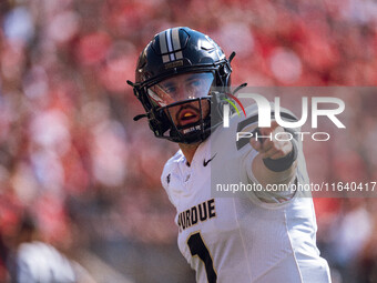 Purdue Boilermakers quarterback Hudson Card #1 lines up as a wide out against the Wisconsin Badgers at Camp Randall Stadium in Madison, Wisc...