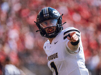 Purdue Boilermakers quarterback Hudson Card #1 lines up as a wide out against the Wisconsin Badgers at Camp Randall Stadium in Madison, Wisc...