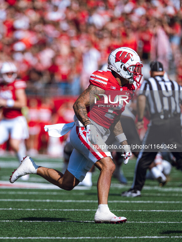 Wisconsin Badgers wide receiver Trech Kekahuna #2 runs across the field against the Purdue Boilermakers at Camp Randall Stadium in Madison,...