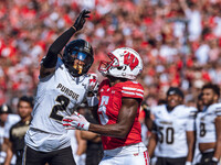 Purdue defensive back Nyland Green #2 defends Wisconsin Badgers wide receiver Quincy Burroughs #5 at Camp Randall Stadium in Madison, Wiscon...