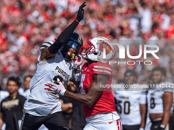 Purdue defensive back Nyland Green #2 defends Wisconsin Badgers wide receiver Quincy Burroughs #5 at Camp Randall Stadium in Madison, Wiscon...