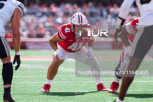 Wisconsin Badgers tight end JT Seagreaves #41 lines up against the Purdue Boilermakers at Camp Randall Stadium in Madison, Wisconsin, on Oct...