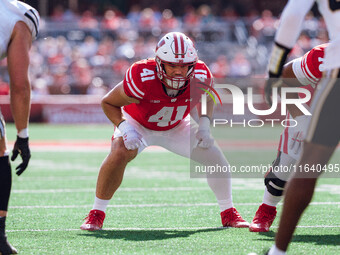 Wisconsin Badgers tight end JT Seagreaves #41 lines up against the Purdue Boilermakers at Camp Randall Stadium in Madison, Wisconsin, on Oct...