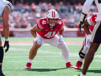 Wisconsin Badgers tight end JT Seagreaves #41 lines up against the Purdue Boilermakers at Camp Randall Stadium in Madison, Wisconsin, on Oct...