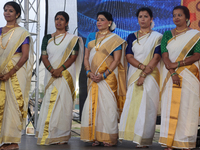 Women dress in traditional Kerala Kasavu sarees during the Onam Festival in Woodbridge, Ontario, Canada, on September 07, 2024. Onam is a ma...