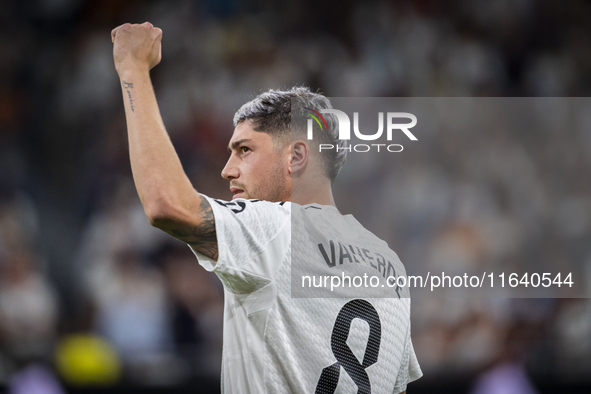 Federico Valverde of Real Madrid CF cheers the fans during the La Liga EA Sports 2024/25 football match between Real Madrid CF and Villarrea...