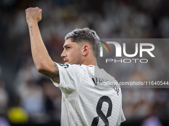 Federico Valverde of Real Madrid CF cheers the fans during the La Liga EA Sports 2024/25 football match between Real Madrid CF and Villarrea...