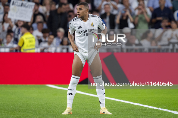 Kylian Mbappe of Real Madrid CF is seen during the La Liga EA Sports 2024/25 football match between Real Madrid CF and Villarreal CF at Esta...