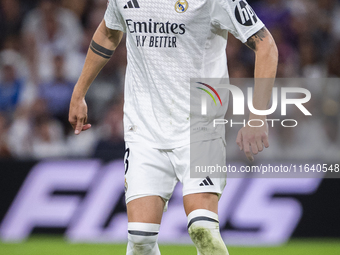 Federico Valverde of Real Madrid CF is in action with the ball during the La Liga EA Sports 2024/25 football match between Real Madrid CF an...