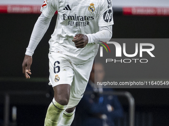 Eduardo Camavinga of Real Madrid CF is in action with the ball during the La Liga EA Sports 2024/25 football match between Real Madrid CF an...