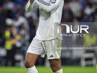 Jude Bellingham of Real Madrid CF cheers the fans at the end of the La Liga EA Sports 2024/25 football match between Real Madrid CF and Vill...