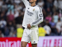 Jude Bellingham of Real Madrid CF cheers the fans at the end of the La Liga EA Sports 2024/25 football match between Real Madrid CF and Vill...