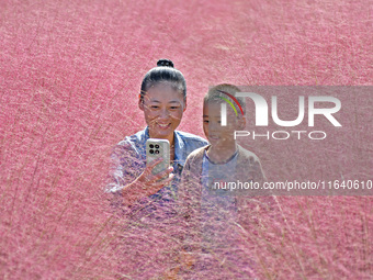 A mother and son pose in pink grass in Yantai, China, on October 5, 2024. (