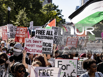 On October 4, 2024, in Washington, DC, United States, outside the White House in Lafayette Square, 100 pro-Palestine protesters gather for t...