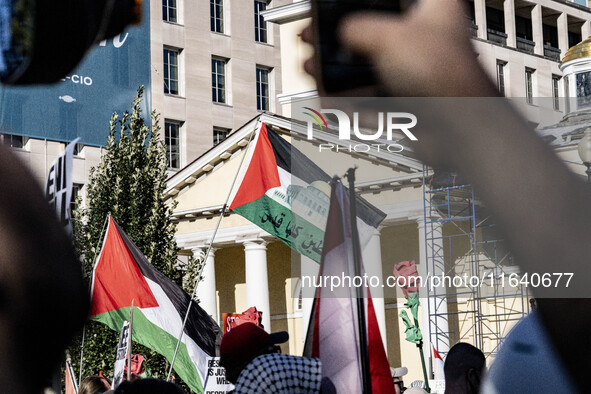 On October 4, 2024, in Washington, DC, United States, outside the White House in Lafayette Square, 100 pro-Palestine protesters gather for t...