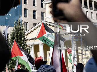 On October 4, 2024, in Washington, DC, United States, outside the White House in Lafayette Square, 100 pro-Palestine protesters gather for t...