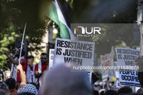 On October 4, 2024, in Washington, DC, United States, outside the White House in Lafayette Square, 100 pro-Palestine protesters gather for t...