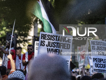 On October 4, 2024, in Washington, DC, United States, outside the White House in Lafayette Square, 100 pro-Palestine protesters gather for t...