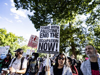 On October 4, 2024, in Washington, DC, United States, outside the White House in Lafayette Square, 100 pro-Palestine protesters gather for t...