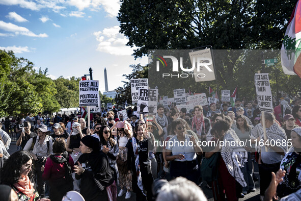 On October 4, 2024, in Washington, DC, United States, outside the White House in Lafayette Square, 100 pro-Palestine protesters gather for t...