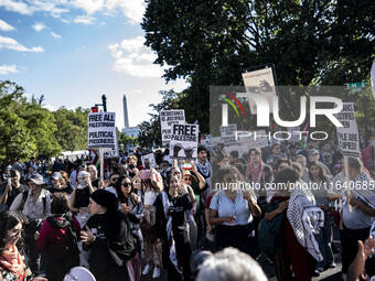 On October 4, 2024, in Washington, DC, United States, outside the White House in Lafayette Square, 100 pro-Palestine protesters gather for t...