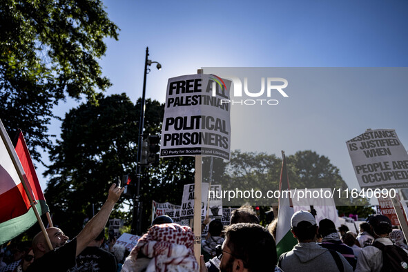 On October 4, 2024, in Washington, DC, United States, outside the White House in Lafayette Square, 100 pro-Palestine protesters gather for t...