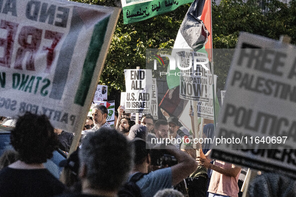 On October 4, 2024, in Washington, DC, United States, outside the White House in Lafayette Square, 100 pro-Palestine protesters gather for t...