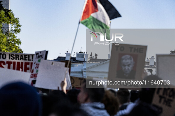 On October 4, 2024, in Washington, DC, United States, outside the White House in Lafayette Square, 100 pro-Palestine protesters gather for t...