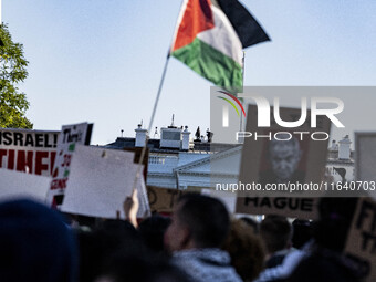 On October 4, 2024, in Washington, DC, United States, outside the White House in Lafayette Square, 100 pro-Palestine protesters gather for t...