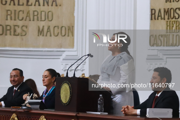 Clara Brugada Molina speaks during the swearing-in ceremony as Mexico City Head of Government at the Congress of Mexico City on October 5, 2...