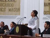 Clara Brugada Molina speaks during the swearing-in ceremony as Mexico City Head of Government at the Congress of Mexico City on October 5, 2...