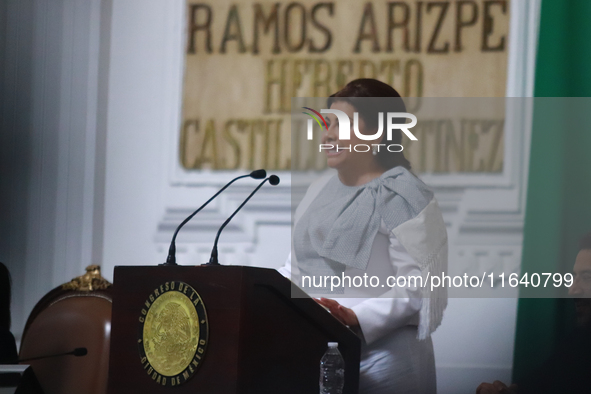 Clara Brugada Molina speaks during the swearing-in ceremony as Mexico City Head of Government at the Congress of Mexico City on October 5, 2...