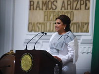 Clara Brugada Molina speaks during the swearing-in ceremony as Mexico City Head of Government at the Congress of Mexico City on October 5, 2...