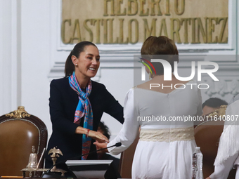 Claudia Sheinbaum Pardo, the first female President of Mexico, is seen during the ceremony where Clara Brugada Molina is sworn in as the new...