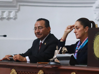 Claudia Sheinbaum Pardo, the first female President of Mexico, is seen during the ceremony where Clara Brugada Molina is sworn in as the new...