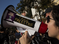 A person chants during a pro-Palestinian rally as part of an international day of action near the White House in Washington DC, USA, on Octo...