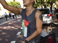 A man and his dog appear during a pro-Palestinian rally as part of an international day of action near the White House in Washington DC, USA...