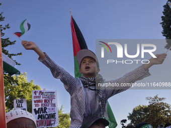 A boy chants and shows Palestinian flags during a pro-Palestinian rally as part of an international day of action near the White House in Wa...