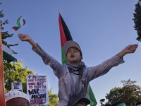 A boy chants and shows Palestinian flags during a pro-Palestinian rally as part of an international day of action near the White House in Wa...