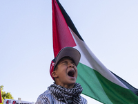 A boy chants during a pro-Palestinian rally as part of an international day of action near the White House in Washington DC, USA, on October...