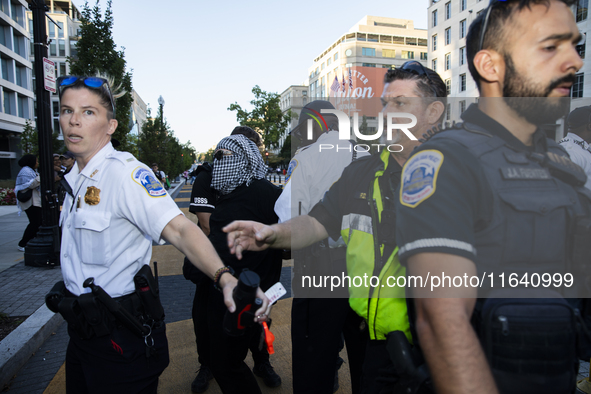 A demonstrator is arrested by police during a pro-Palestinian rally as part of an international day of action near the White House in Washin...