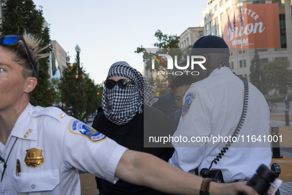 A demonstrator is arrested by police during a pro-Palestinian rally as part of an international day of action near the White House in Washin...