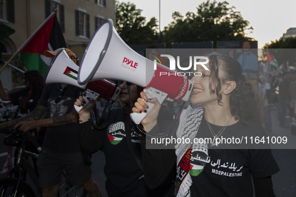 A demonstrator chants during a pro-Palestinian rally as part of an international day of action near the White House in Washington DC, USA, o...