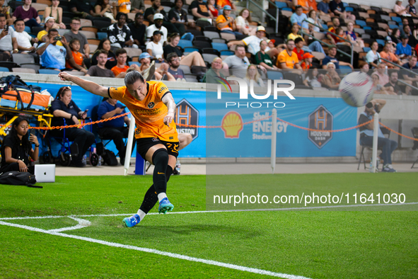 Houston Dash forward Ramona Bachmann (28) kicks the ball during a match between Houston Dash and Chicago Red Stars in Houston, Texas, on Oct...