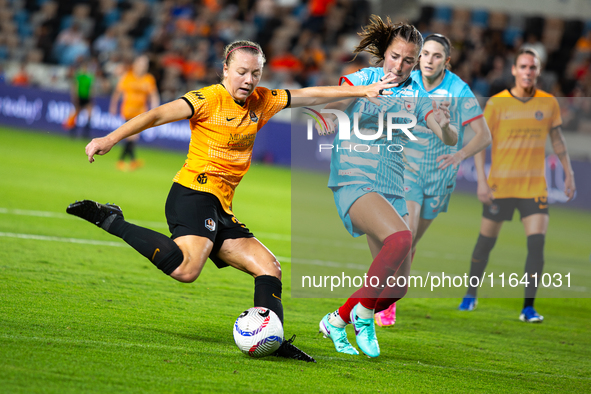 Houston Dash forward Avery Patterson (30) defends the ball from the Chicago Red Stars during a match between Houston Dash and Chicago Red St...