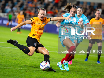 Houston Dash forward Avery Patterson (30) defends the ball from the Chicago Red Stars during a match between Houston Dash and Chicago Red St...