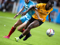 Chicago Red Stars midfielder Taylor Malham (32) and Houston Dash forward Michelle Alozie (11) battle for the ball during a match between Hou...