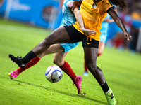 Chicago Red Stars midfielder Taylor Malham (32) and Houston Dash forward Michelle Alozie (11) battle for the ball during a match between Hou...