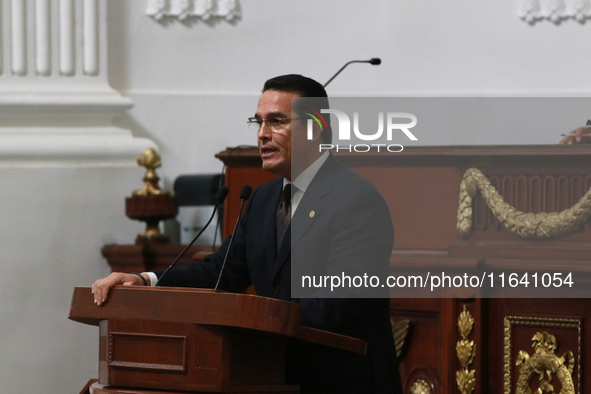 Deputy Alejandro Carbajal Gonzalez of the Progressive Parliamentary Association of Transformation speaks during the solemn session in which...