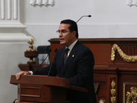 Deputy Alejandro Carbajal Gonzalez of the Progressive Parliamentary Association of Transformation speaks during the solemn session in which...